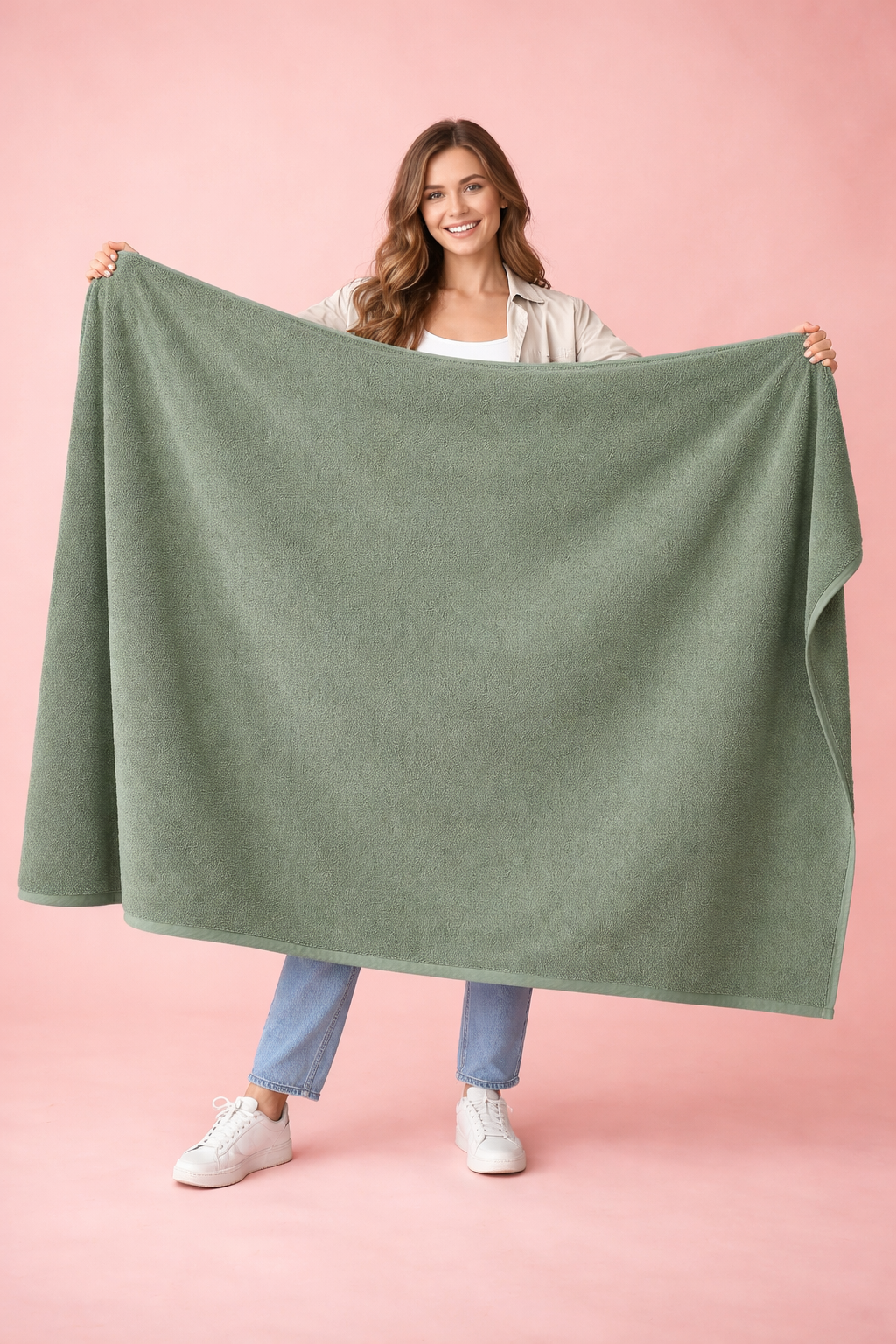 Model holding an oversized sage green Big Towel